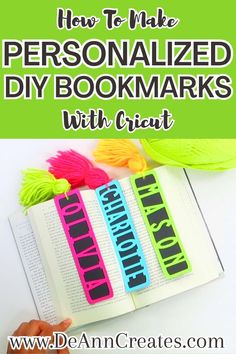 This image shows 3 DIY personalized name bookmarks with yarn tassels across an open book. A ball of yarn is beside the open book's top-right corner. Bookmarks With Cricut, Cricut Bookmark Ideas, Bookmarks Cricut, Cricut Bookmarks, Name Bookmarks, Crafts Bookmarks, Homemade Bookmarks, Valentines Bookmarks, Card Making Tools