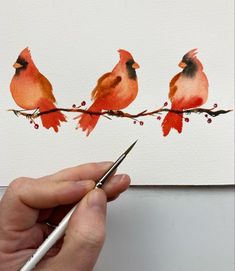 someone is painting three red birds on a branch with watercolor pencils in their hands