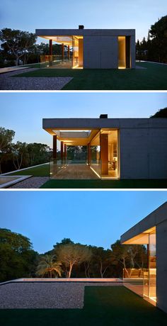 three different views of the exterior of a house at night and from outside, with lights on