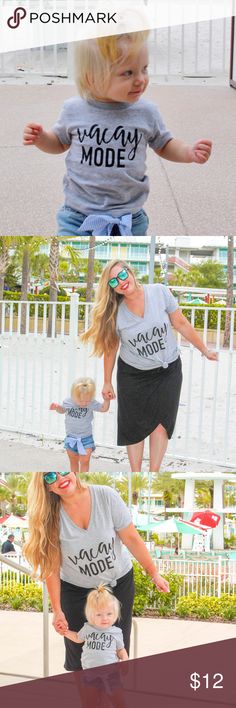 Vacay Mode Baby and Kids Tee (Matching Mom Shirt) Custom "Vacay Mode" t-shirt for mom and baby/kids! **This listing is for baby and kid's sizes** Design is screen printed on using a professional heat press and high-quality vinyl. Can be machine washed on cold, and line drying is recommended. Gray or white with black text ___________ ITEM SPECIFICS: Women's tee: - T-shirts are women's relaxed v-neck tee shirts. Run true to size. (Standard fit - not fitted) Baby and kid's: - T-shirts available in Vacay Mode, Matching Mom, Mom Tees, Kid Tees, Mom Shirt, Family Reunion, Cricut Crafts, Mom Shirts