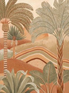 an artistic painting with palm trees and other plants in the foreground, on a beige background