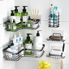 the bathroom shelves are organized with soap and lotion