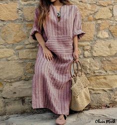 Olivia Mark - Cotton Linen Striped Oversized Maxi Dress Loose Maxi Dress, Linen Yarn, Boho Summer Dresses, Cotton Linen Dresses, Tartan Dress, Linen Casual, Linnet, Loose Outfit, Vestido Casual