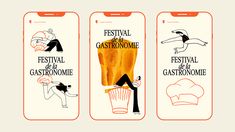 three cell phones with different types of food and drinks on the screens, one is for festival de gastronie