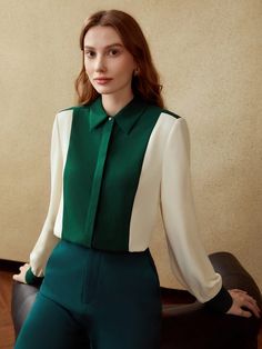 TWO-TONE BUTTON-UP SHIRT Multicolor Elegant  Long Sleeve Woven Fabric Colorblock Top Non-Stretch Fall Women Clothing, size features are:Bust: ,Length: ,Sleeve Length: Two Tone Shirt, Cotton Short Tops, High Collar Shirts, Colorblock Top, Sewing Blouses, Elegant Dresses Classy, Woman Suit Fashion, Women Blouses, Button Up Blouse