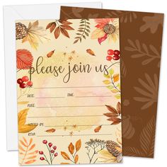 a card with the words, please join us on it and an image of autumn leaves