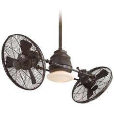 a ceiling fan with two blades and a light on the top of it's blades