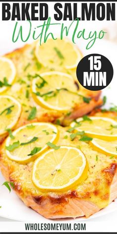 lemon garlic baked salmon on a white plate with text overlay that reads lemon garlic baked salmon