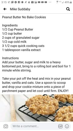 the recipe for peanut butter no bake cookies is shown on an instagram page