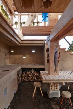 an outdoor kitchen area with wood and benches