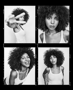 four black and white photos of a woman with curly hair