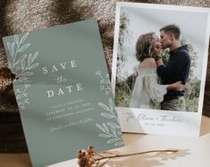 an image of a couple kissing on their wedding day with the save the date card next to it