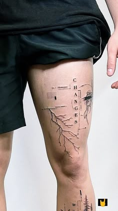 a man's leg with tattoos on it and the words change written in black ink