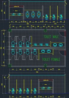 the floor plan for a public restroom with several toilets and sinks in blueprints