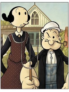 .Popeye and Olive American Gothic Painting, American Gothic Parody, Grant Wood, American Gothic, Art Parody