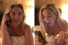 two pictures of a woman talking on her cell phone and holding an avocado