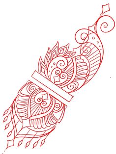 a red line drawing of an ornate design on a white background with space for text