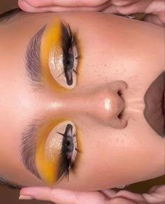 Blue And Yellow Eyeshadow Looks, Yellow And Blue Eyeshadow, Yellow Rave Makeup, Yellow Dramatic Eye Makeup, Egyptian Eye Makeup, Yellow Editorial Makeup, Makeup Stencils, Work Makeup