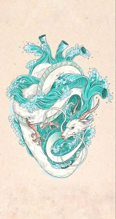 an artistic drawing of a heart with waves and fish on it's side, as if in the form of a dragon