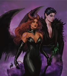 an image of two people dressed in black and one is holding a demon's tail