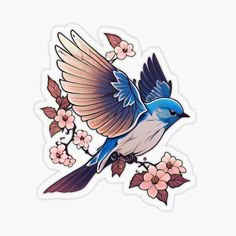 a blue bird sitting on top of a tree branch with pink flowers in the background