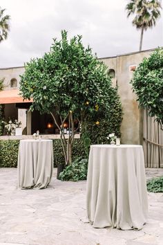 two round tables with white tablecloths are set up in front of some trees