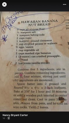 an old recipe book with some writing on the page and pictures above it that says hawaiian banana walnut bread