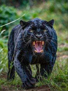 a black leopard with its mouth open and it's teeth wide open, walking through the grass