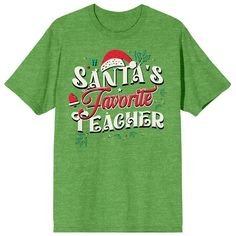 Spread some holiday cheer with this women’s t-shirt featuring a big colorful graphic of the humorous phrase “Santa’s Favorite Teacher.” With short sleeves and a crew neck, this heather green t-shirt offers comfort and style that’s perfect for all-day, any-day wear. And since it's crafted from high-quality 100% cotton, this tee ensures a soft and comfortable feel. When it's time for cleaning, simply machine wash it cold and tumble dry low for effortless care. Female Features, Holiday Graphic Tees, Favorite Teacher, Sleeve Packaging, Green T Shirt, Heather Green, Green Tshirt, Green Material, Teacher Favorite Things