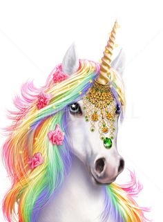 a white unicorn with a rainbow mane and flowers on it's head