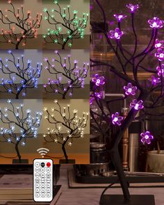 the tree is decorated with multicolored lights and remote control for decoration or display