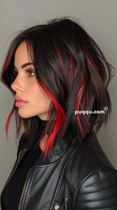 Black Hair with Red Highlights: Perfect Combo for Edgy Vibes Black Hair Red Underneath Short, Red Bangs And Under Hair, Dark Edgy Hair, Red Highlights On Dark Brown Hair, From Black To Red Hair, Purple And Red Hair Ombre, Black And Auburn Hair, Bright Red Highlights In Brown Hair, Peekaboo Red Hair