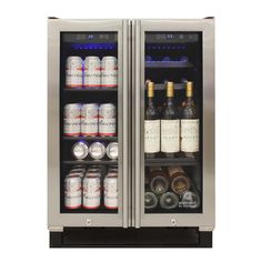 an image of two refrigerators with drinks and beverages in it's doors open