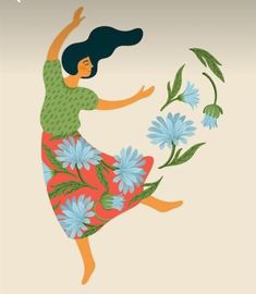 a woman in a floral dress is dancing with her arms spread out and holding flowers