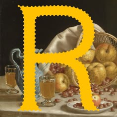 the letter p is surrounded by apples, grapes and pears on a table with a glass of wine