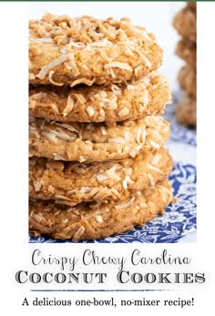 cookies stacked on top of each other with the words crispy cherry carolina coconut cookies