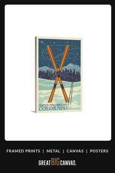 a book cover with two crossed skis in the middle and mountains in the background