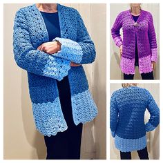 three pictures of different styles of crocheted sweaters, one in blue and the other in purple