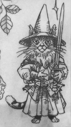 Cat Wizard Tattoo, Cat Wizard Drawing, Wizard Cat Drawing, Wizard Cat Tattoo, Cat Wizard, Wizard Tattoo, Woodcut Tattoo, Medieval Tattoo, Wizard Cat