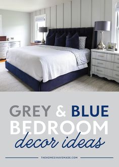 Looking for some inspiring ideas for decorating a grey and blue master bedroom? This room reveal post has tons of DIY home decor ideas that are stunning, stylish, and totally do-able! Click through for the full room tour! How To Style Nightstand, Grey Blue Bedroom, Blue Bedroom Decor Ideas