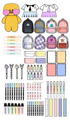 the contents of a backpack and pencils are arranged on a white background with text