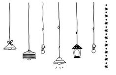 a line drawing of hanging lights with stars on the bottom and one light in the middle