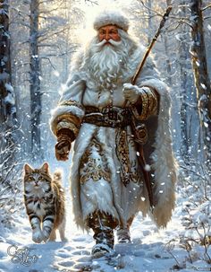 a painting of santa claus walking in the snow with his cat