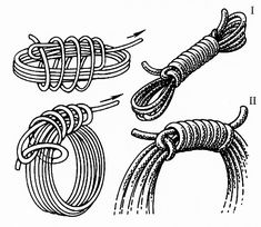 four different types of rope tied together in various positions, vintage line drawing or engraving illustration