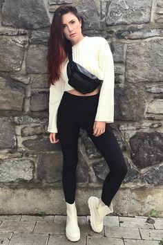 Ivory Sweater | Black Fanny Pack | Black Legging #sporty #chilling #ootd #fashioninspo #outfit #fashionlook #whattowear #mode #womenfashion #dailylook #inspo #lookdujour #trendy #women #style #fashion Sweaters Black, Ivory Sweater, Accessories For Men, Sweater Black