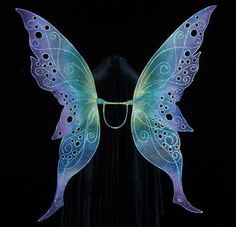 a blue and white butterfly with wings on it's back, standing in the dark