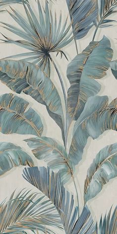 a wallpaper with blue and gold leaf designs on it's sides, including palm leaves