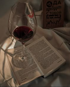 a glass of wine sitting on top of an open book