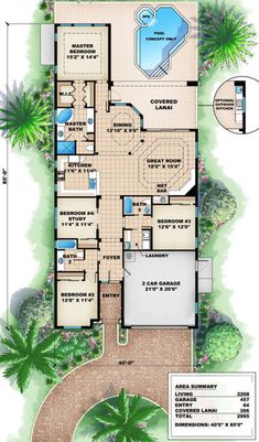 the floor plan for this house is very large and has two pools on each side