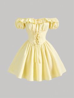 Yellow Elegant Collar Short Sleeve Woven Fabric Plain A Line Embellished Non-Stretch  Women Plus Clothing Yellow Formal Outfits For Women, Yellow Dress Corset, Short Princess Dress Classy, Hoco Dresses Yellow, Yellow Short Dress, Yellow Skirt Outfits, Summer Dress Yellow, Yellow Dress Outfit, Yellow Clothes